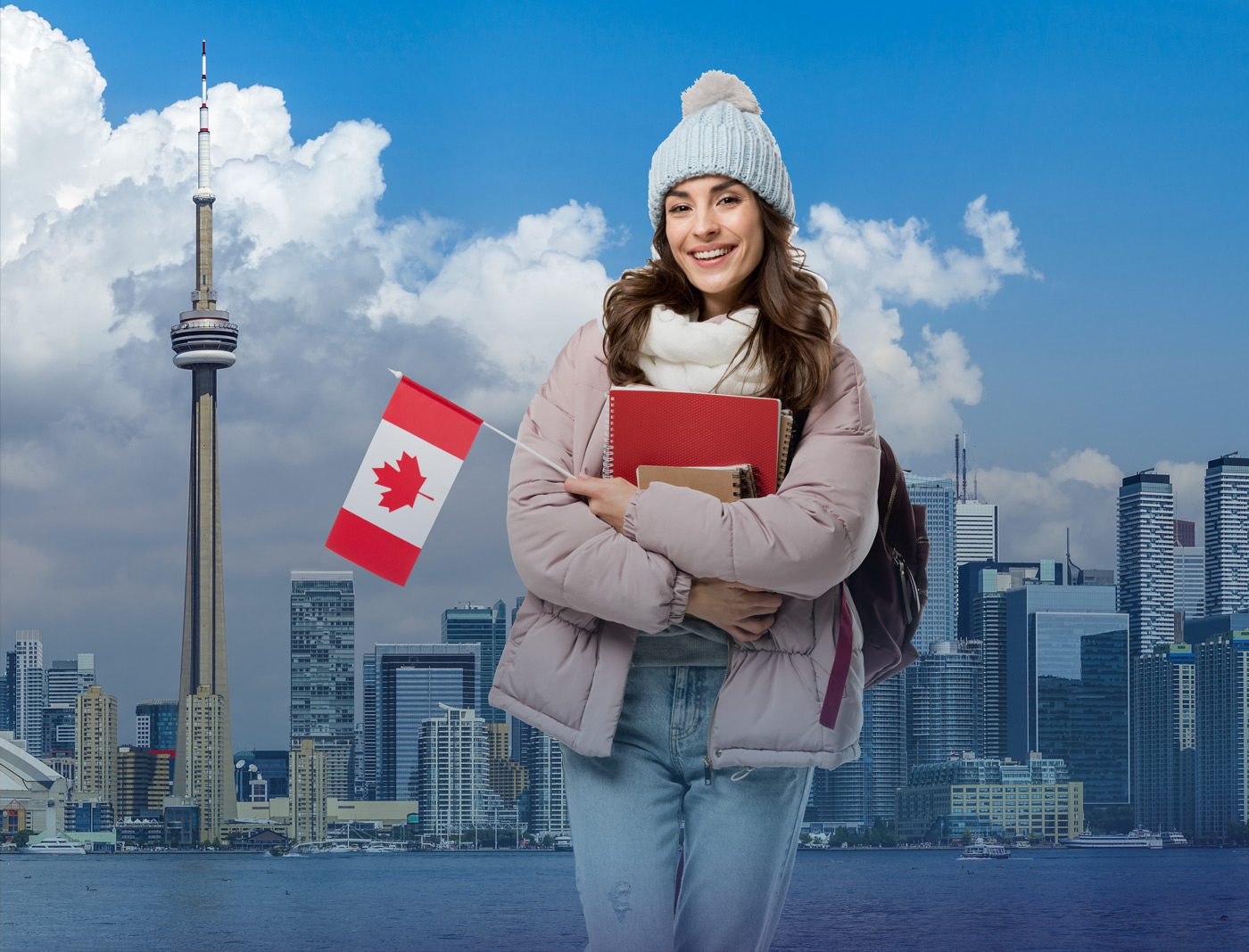 Mujer con bandera de Canadá en la mano, programas camp counselor canada